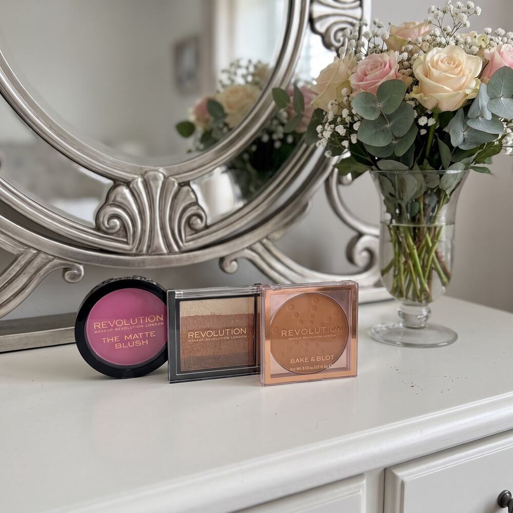 Makeup Revolution 3 Piece Face Makeup Bundle Blush Eyeshadow Bake & Blot